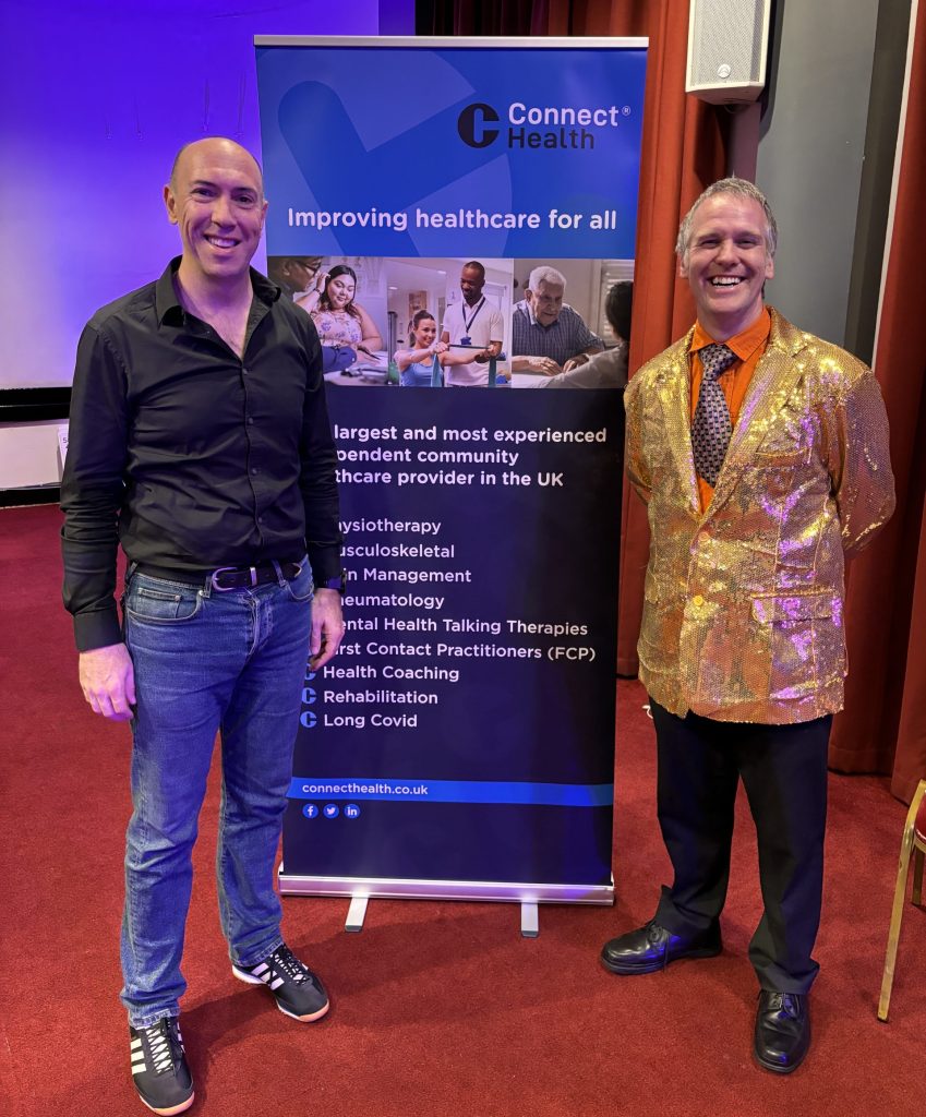 Professor Lorimer Moseley (left) and Professor Cormac Ryan (right) dressed up for the Pain in the Spotlight show